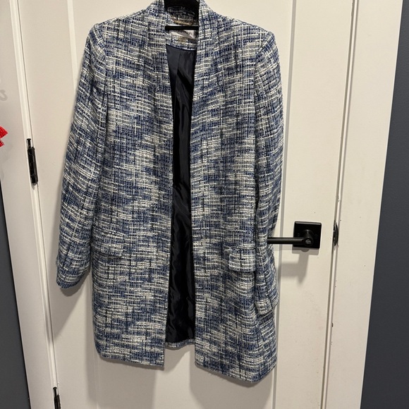 Calvin Klein Tweed Collarless Topper Open Front Jacket & Skirt Set Blue Size 12 - Picture 8 of 16